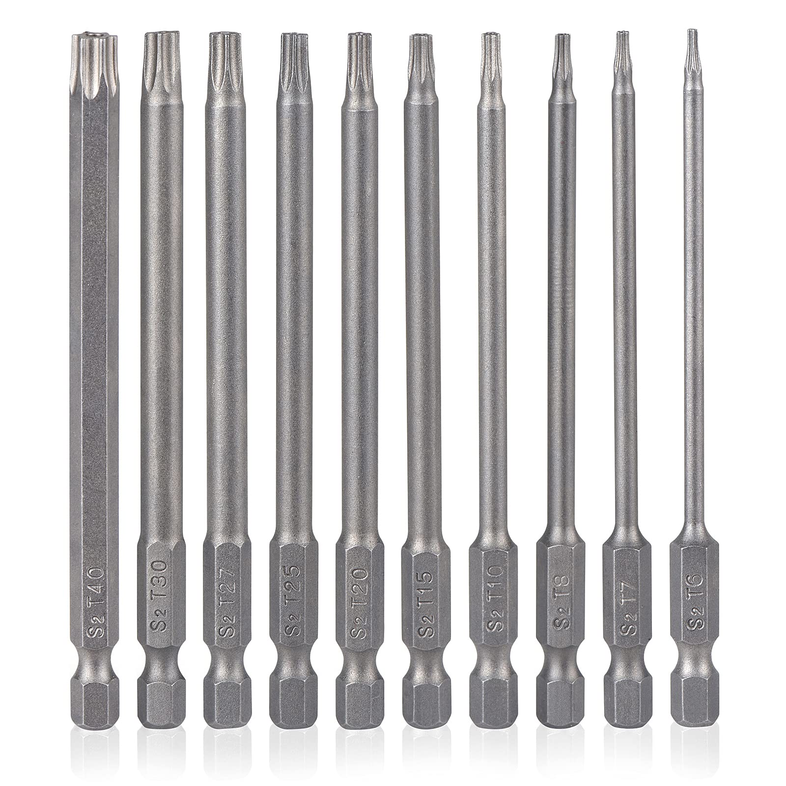 YDLQWCZ 10 Pieces Torx Security Screwdriver Drill Bit Set T6 T7 T8 T10 T15 T20 T25 T27 T30 T40 Torx Bits 1/4 Inch Magnetic Hex Shank 4 Inch Length S2 Steel Tamper Proof Star Screwdriver Bits Tools