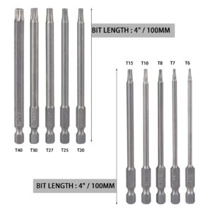 YDLQWCZ 10 Pieces Torx Security Screwdriver Drill Bit Set T6 T7 T8 T10 T15 T20 T25 T27 T30 T40 Torx Bits 1/4 Inch Magnetic Hex Shank 4 Inch Length S2 Steel Tamper Proof Star Screwdriver Bits Tools