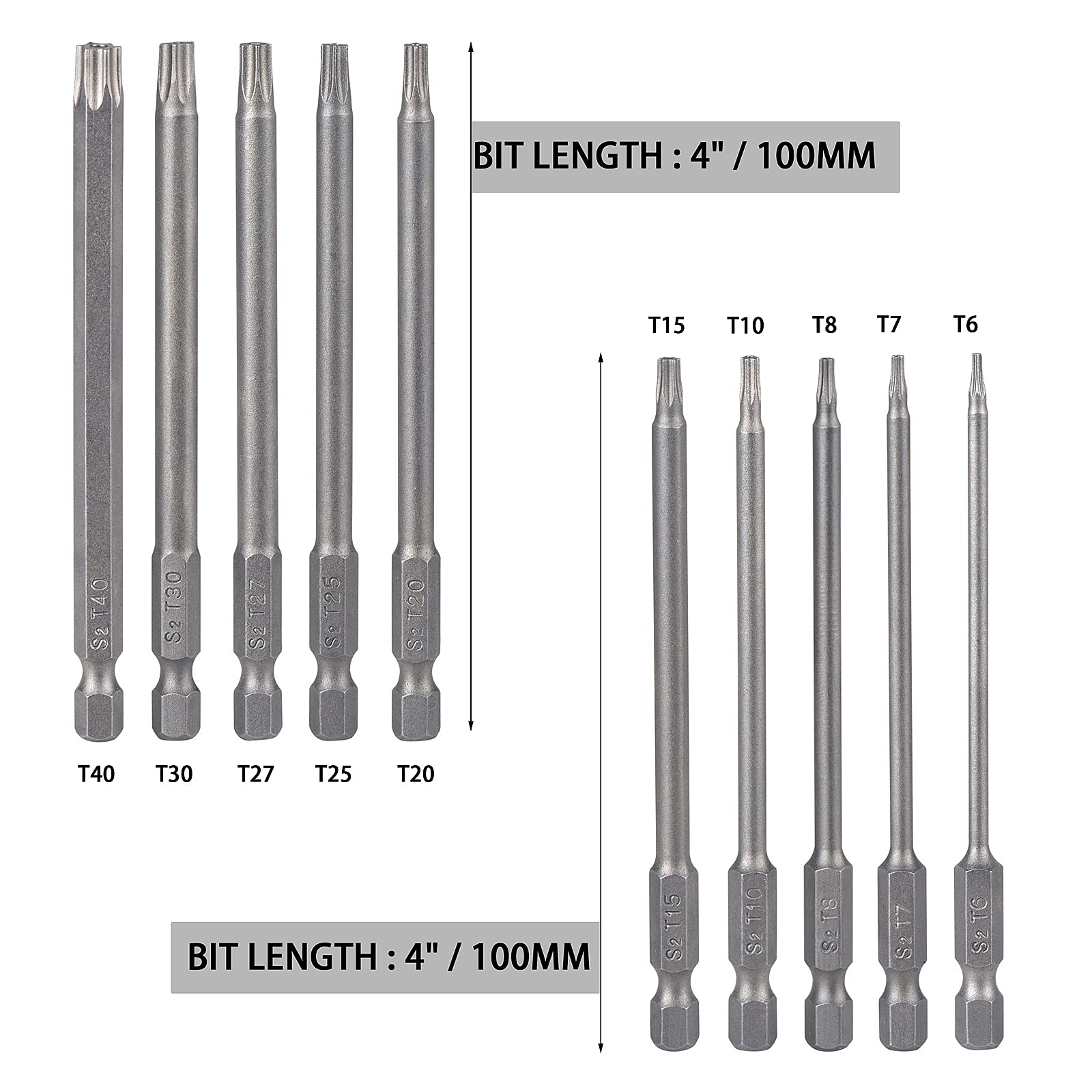 YDLQWCZ 10 Pieces Torx Security Screwdriver Drill Bit Set T6 T7 T8 T10 T15 T20 T25 T27 T30 T40 Torx Bits 1/4 Inch Magnetic Hex Shank 4 Inch Length S2 Steel Tamper Proof Star Screwdriver Bits Tools