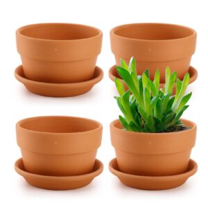 suwimut 4 pack terracotta pots with saucer, 6 inch large terra cotta plant pot with drainage hole, clay flower planter pot with tray for indoor outdoor plant