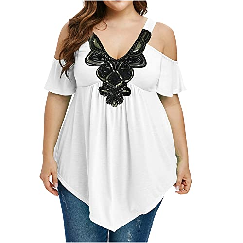 Sdeycui Womens Plus Size Tiered Lace Appliques Cold Shoulder V-Neck Short Sleeve T-Shirt Blouse Shirt(White, XXXL)