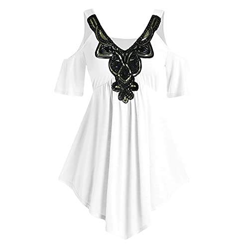 Sdeycui Womens Plus Size Tiered Lace Appliques Cold Shoulder V-Neck Short Sleeve T-Shirt Blouse Shirt(White, XXXL)