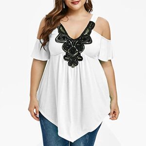 Sdeycui Womens Plus Size Tiered Lace Appliques Cold Shoulder V-Neck Short Sleeve T-Shirt Blouse Shirt(White, XXXL)