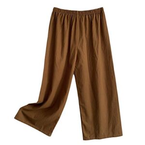 sdeycui women's casual solid cotton linen pants wide leg loose fitting trousers(brown, l)