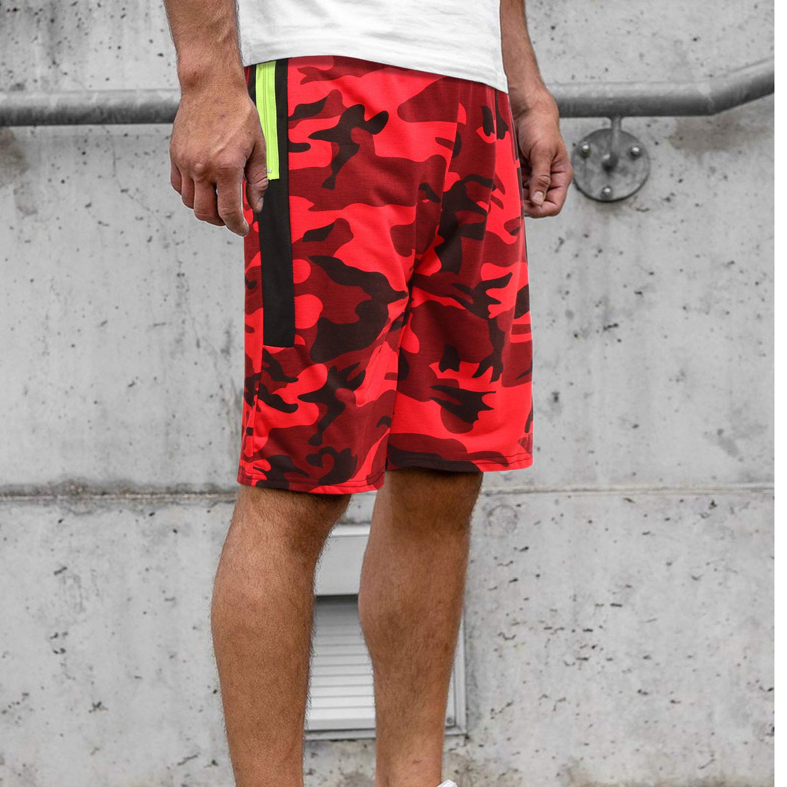 Men's Cargo Short Summer Casual Fitness Bodybuilding Camouflage Print Workout Shorts(Red, XXL)