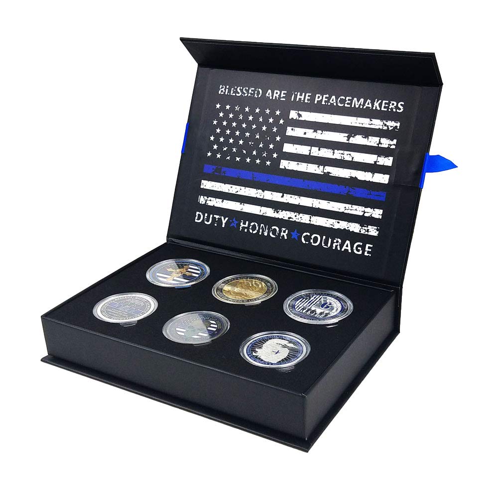 BHealthLife United States Police Department Law Enforcement Officers Challenge Coin Gift Box with 6 Police Coins