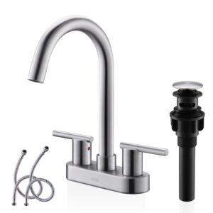 kenes 4 inch 2 handle centerset bathroom faucet, brushed nickel lead-free modern commercial bathroom sink faucet, with pop up drain and two water supply lines, ke-9019