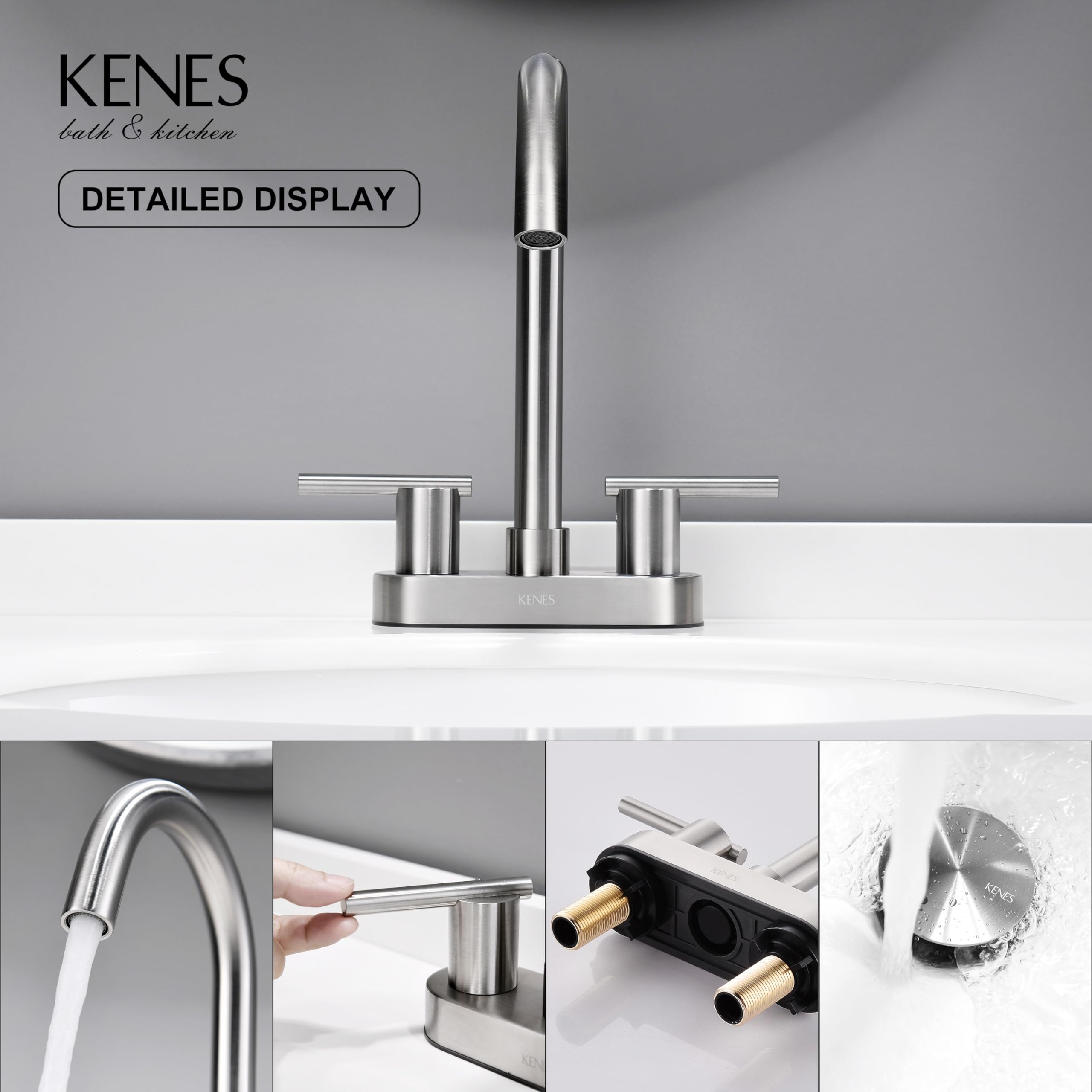 KENES 4 Inch 2 Handle Centerset Bathroom Faucet, Brushed Nickel Lead-Free Modern Commercial Bathroom Sink Faucet, with Pop Up Drain and Two Water Supply Lines, KE-9019