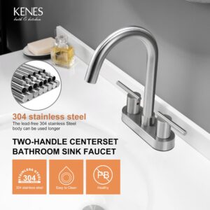 KENES 4 Inch 2 Handle Centerset Bathroom Faucet, Brushed Nickel Lead-Free Modern Commercial Bathroom Sink Faucet, with Pop Up Drain and Two Water Supply Lines, KE-9019