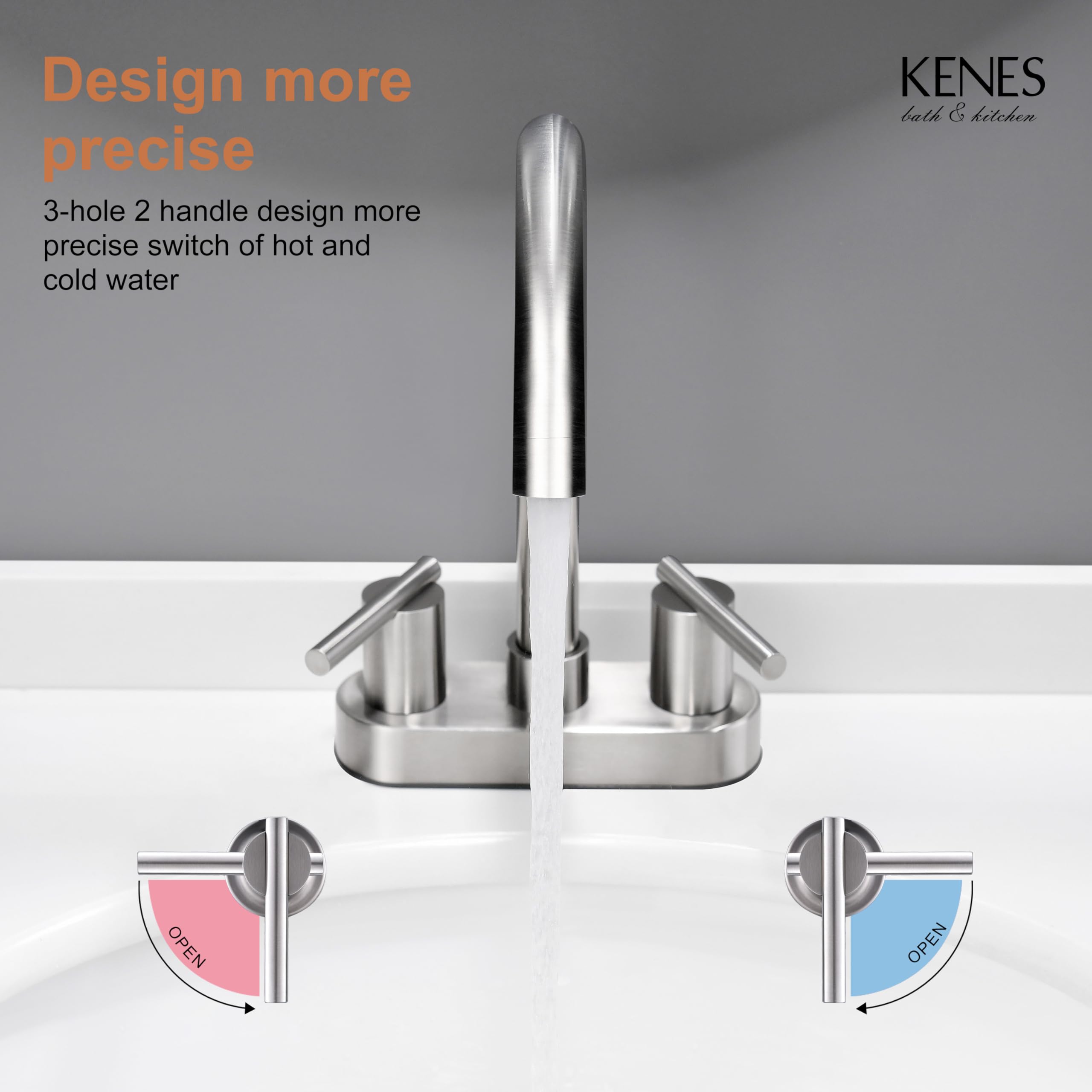 KENES 4 Inch 2 Handle Centerset Bathroom Faucet, Brushed Nickel Lead-Free Modern Commercial Bathroom Sink Faucet, with Pop Up Drain and Two Water Supply Lines, KE-9019