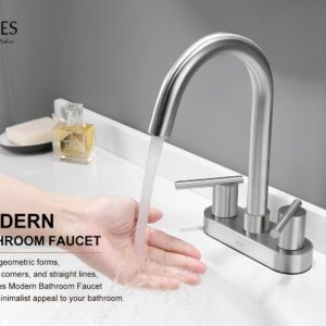 KENES 4 Inch 2 Handle Centerset Bathroom Faucet, Brushed Nickel Lead-Free Modern Commercial Bathroom Sink Faucet, with Pop Up Drain and Two Water Supply Lines, KE-9019