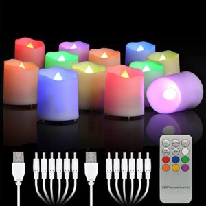 Daord Rechargeable Color Changing Votive Candles Flameless USB LED Tea Lights with Remote Flickering Tealight Candle for Valentine's Day, Halloween Outside Lantern Dinner Decoration(12 Packs,Colorful)