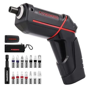 posenpro cordless electric screwdriver, 4v rechargeable power screwdriver with 15 pcs accessories, screw gun with halo led light, touch f/r button, usb cable, carrying bag & accessory box