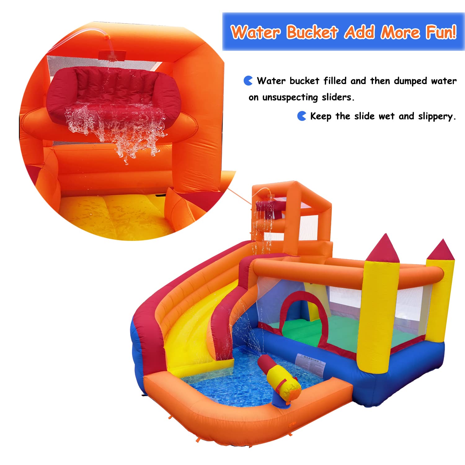 HuaKastro Inflatable Bounce House Water Slide with Blower, 5 in 1 Backyard Water Park W/Climbing Wall, Splash Pool, Jumping Castle, Water Slide, Cannon, Bucket Dump for Indoor Outdoor Parties