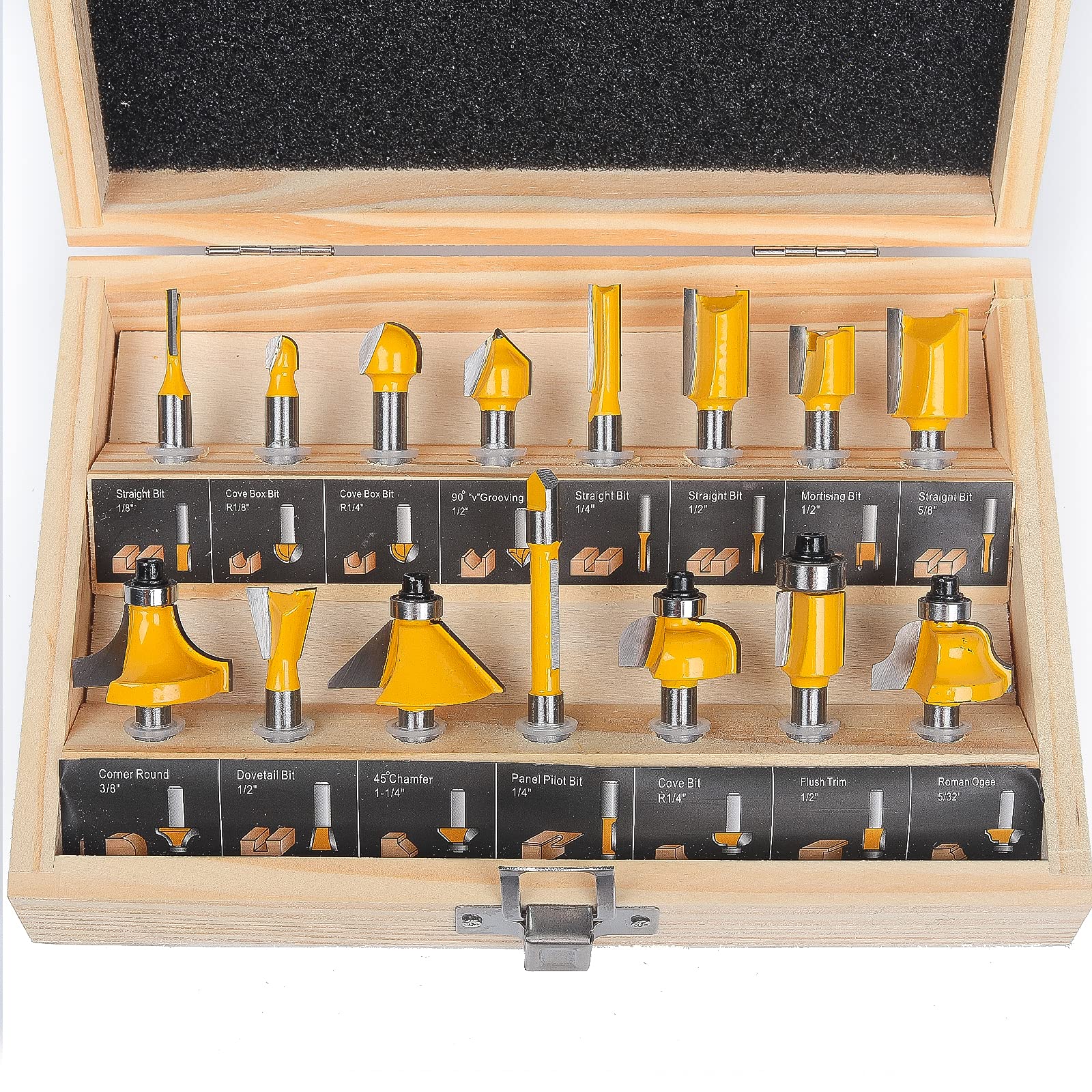 TOOLDO Router Bits 15 Pcs Set with Wooden Box, 1/4 Inch Shank with High-End Carbide Router Bits Kit, for Woodwork Project