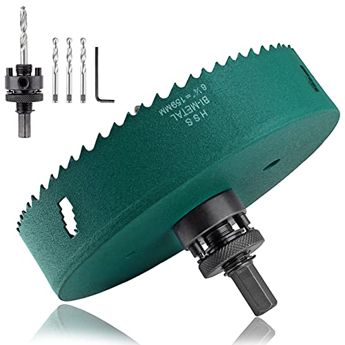 Kyuionty 6-1/4 Inch 159mm Hole Saw with Heavy Duty Arbor, HSS BI-Metal Wood Hole Saws Bit 1.26 Inch Cutting Depth, Hole Cutter for Wood Cornhole Boards, Plastic, Drywall, Fiberboard