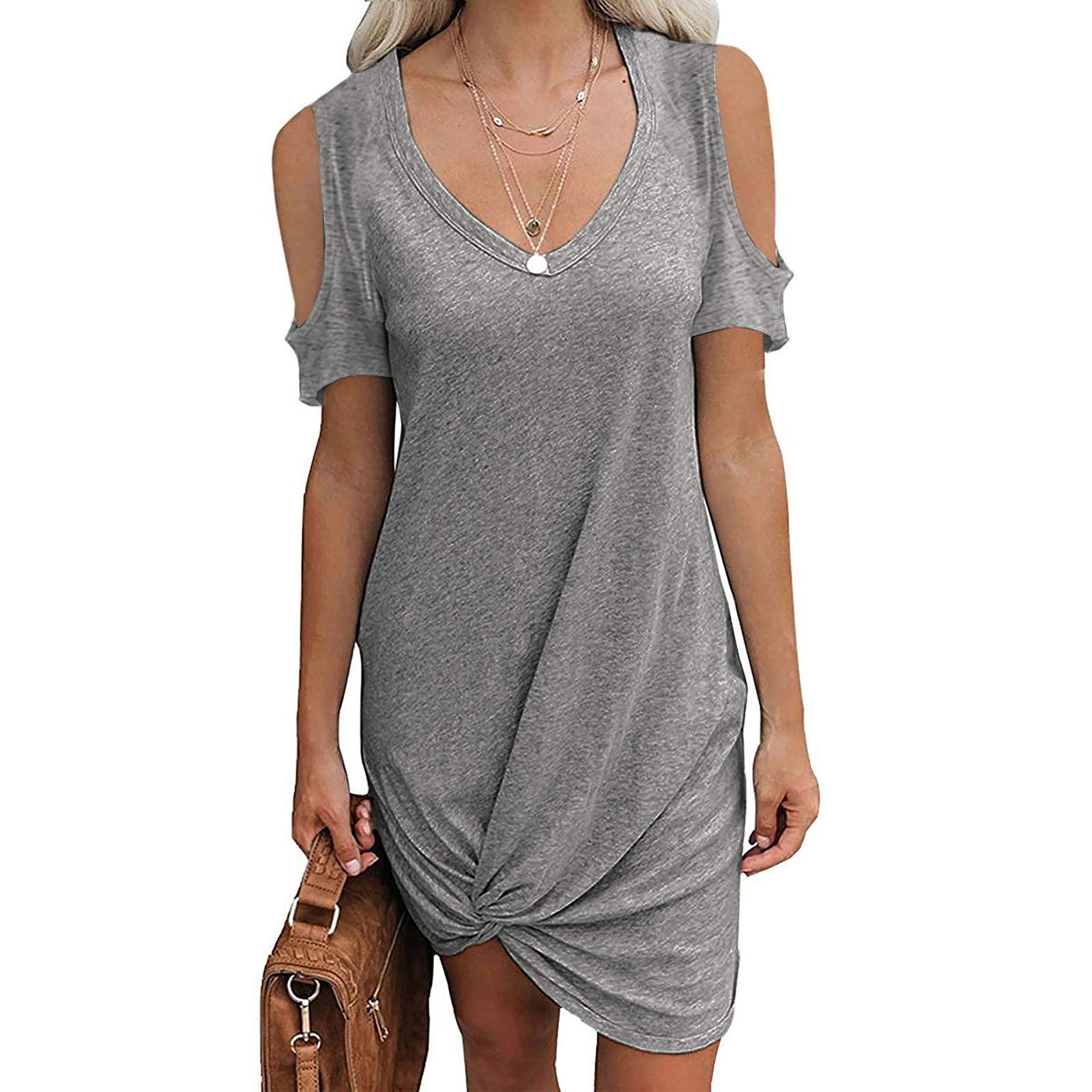 Women's 2021 Summer Boho Maxi Dress V-Neck Short Sleeve Solid Color Off-the-shoulder Dress Maternity Prom Dress (Gray, M)