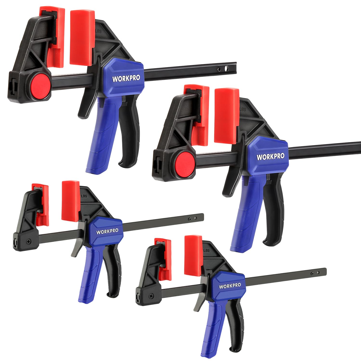 WORKPRO Mini Bar Clamps for Woodworking, 6"(2) and 4-1/2"(2), 4-Piece One-Handed Clamp/Spreader, Light-Duty Quick-Change F Clamp with 150lbs Load Limit Blue