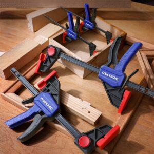 WORKPRO Mini Bar Clamps for Woodworking, 6"(2) and 4-1/2"(2), 4-Piece One-Handed Clamp/Spreader, Light-Duty Quick-Change F Clamp with 150lbs Load Limit Blue