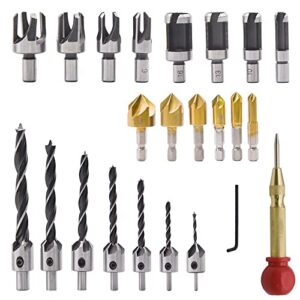 a young store 23 pack woodworking chamfer drilling tool, 6pcs countersink drill bit, 7pcs three pointed countersink drill bit, 8pcs wood plug cutter, with l-wrench and automatic center punch