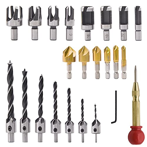 A young store 23 Pack Woodworking Chamfer Drilling Tool, 6pcs Countersink Drill Bit, 7pcs Three Pointed Countersink Drill Bit, 8pcs Wood Plug Cutter, with L-Wrench and Automatic Center Punch