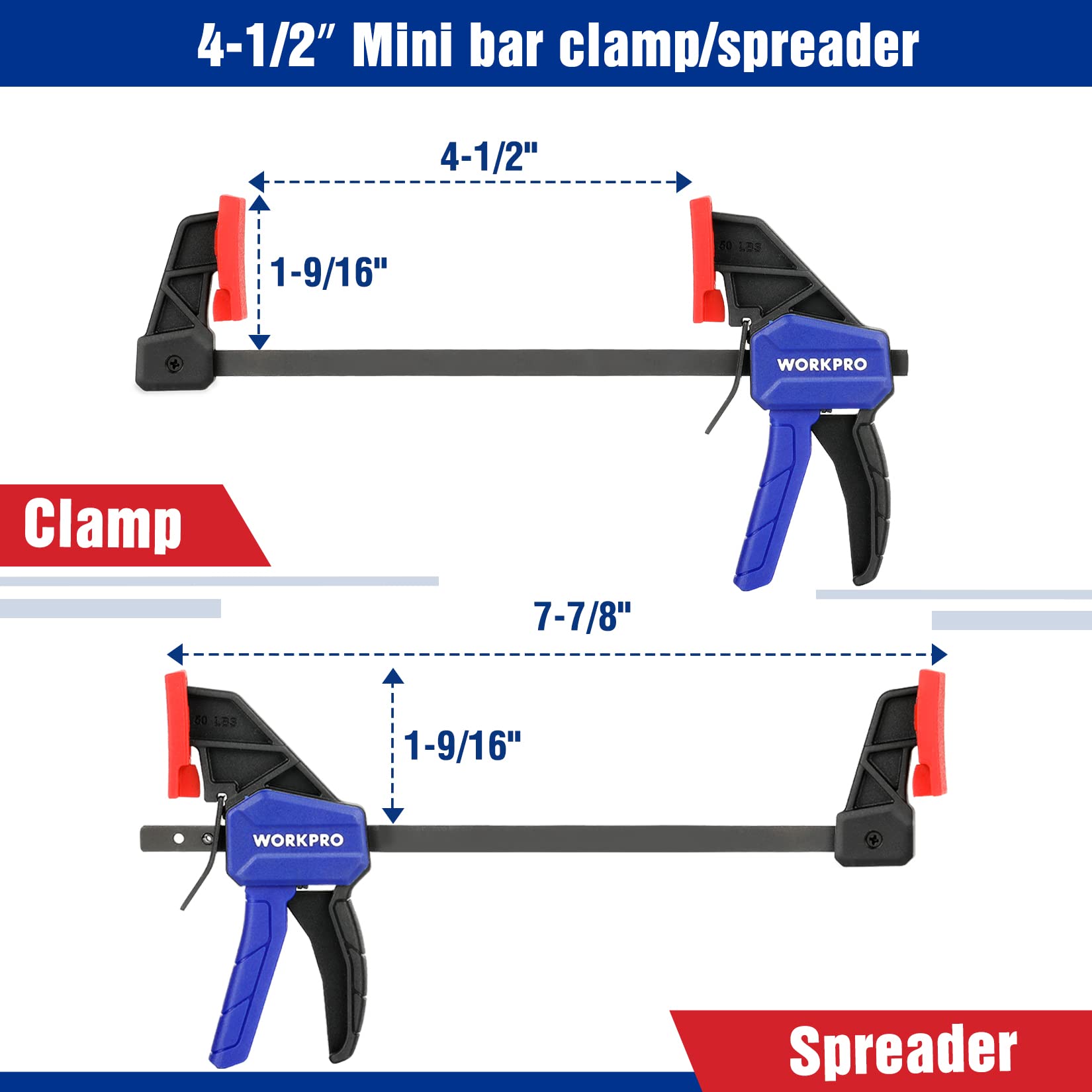 WORKPRO Mini Bar Clamps for Woodworking, 6"(2) and 4-1/2"(2), 4-Piece One-Handed Clamp/Spreader, Light-Duty Quick-Change F Clamp with 150lbs Load Limit Blue