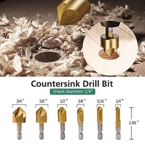 A young store 23 Pack Woodworking Chamfer Drilling Tool, 6pcs Countersink Drill Bit, 7pcs Three Pointed Countersink Drill Bit, 8pcs Wood Plug Cutter, with L-Wrench and Automatic Center Punch