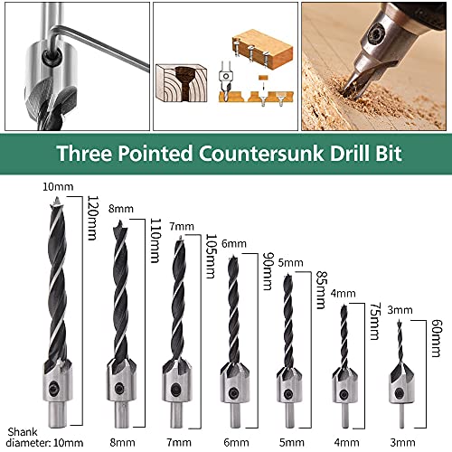 A young store 23 Pack Woodworking Chamfer Drilling Tool, 6pcs Countersink Drill Bit, 7pcs Three Pointed Countersink Drill Bit, 8pcs Wood Plug Cutter, with L-Wrench and Automatic Center Punch