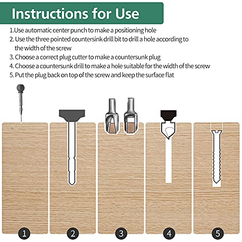 A young store 23 Pack Woodworking Chamfer Drilling Tool, 6pcs Countersink Drill Bit, 7pcs Three Pointed Countersink Drill Bit, 8pcs Wood Plug Cutter, with L-Wrench and Automatic Center Punch