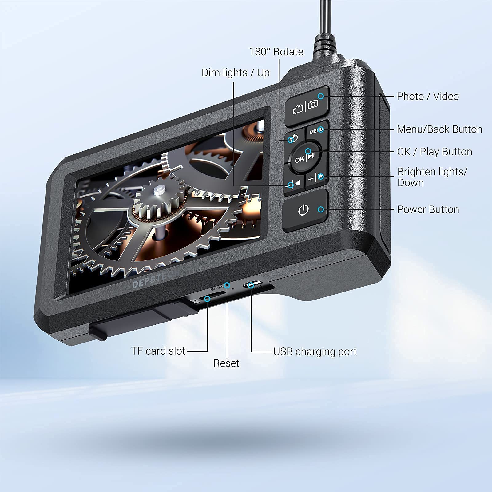 DEPSTECH Dual Lens Industrial Endoscope, 1080P Digital Borescope Inspection Camera, 7.9mm IP67 Waterproof Camera, Sewer Camera with 4.3" LCD Screen,7 LED Lights,16.5FT Semi-Rigid Cable,32GB Card-Black