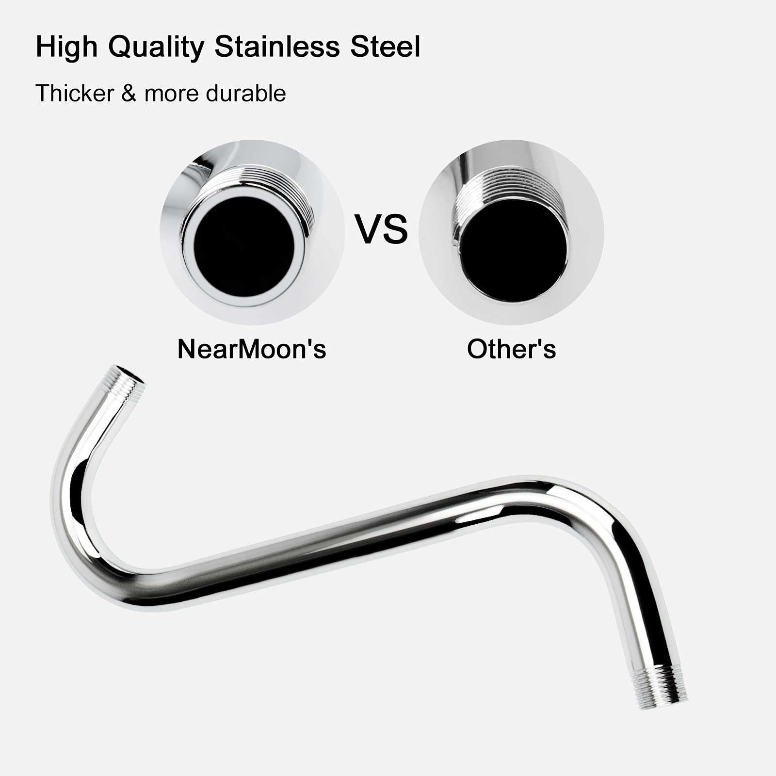 Nearmoon S Shaped Shower Head Riser Pipe, Shower Head Extender Arm with Flange, Standard 1/2" Connection- Bathroom Accessory, 12 Inch (1 Pack, Chrome)