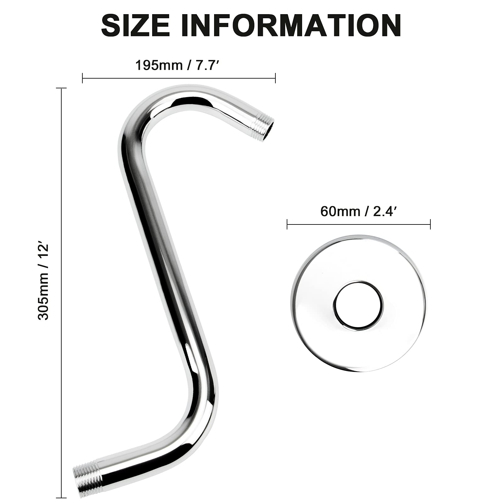 Nearmoon S Shaped Shower Head Riser Pipe, Shower Head Extender Arm with Flange, Standard 1/2" Connection- Bathroom Accessory, 12 Inch (1 Pack, Chrome)