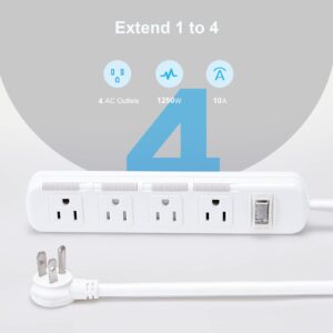 Flat Plug Power Strip, Surge Protector with 6 Ft Extension Cord, 4 Outlets, 15A ,125V, 1875W,300 J, Wall Mounted Power Strip for Home, Office, White