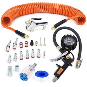 fypower 22 pieces air compressor accessories kit, 1/4 inch x 25 ft recoil poly hose kit, 1/4" npt quick connect air fittings, tire inflator gauge, blow gun, air filter, swivel plugs, orange pu hose