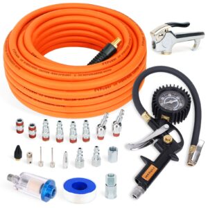 fypower 22 pieces air compressor accessories kit, 3/8 inch x 50 ft hybrid air hose kit, 1/4" npt quick connect air fittings, tire inflator gauge, blow gun, air filter, swivel plugs