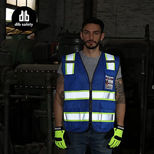 Dib Safety Reflective Mesh Vest High Visibility Two Tone with Pockets and Zipper, Blue Mesh with Yellow Trim L