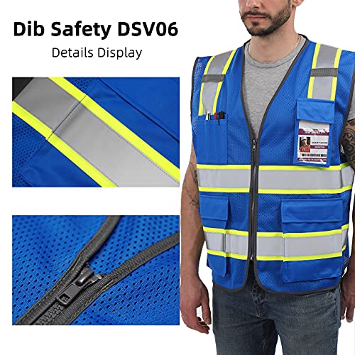 Dib Safety Reflective Mesh Vest High Visibility Two Tone with Pockets and Zipper, Blue Mesh with Yellow Trim L