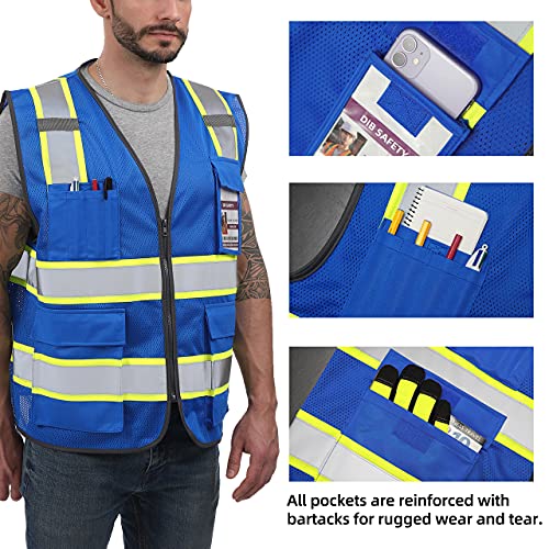 Dib Safety Reflective Mesh Vest High Visibility Two Tone with Pockets and Zipper, Blue Mesh with Yellow Trim L