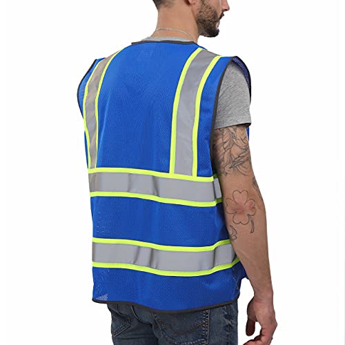 Dib Safety Reflective Mesh Vest High Visibility Two Tone with Pockets and Zipper, Blue Mesh with Yellow Trim L