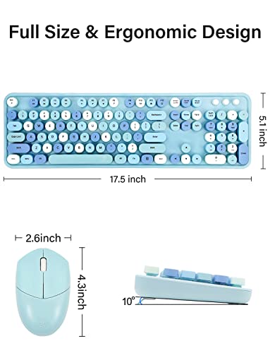 FUNZING Wireless Keyboard and Mouse Combo, Blue Colorful Retro Typewriter 2.4GHz Full Size Keyboard Mice for Windows/Computer/Desktop/Mac/PC