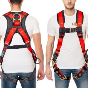 Palmer Safety ATERET Fall Protection 5pt Safety Harness, 3D-ring, Quick-Connect Buckle, Grommet Legs, Sewn in Back Pad I OSHA ANSI Compliant Personal Equipment (Red - Universal), (H222100111)