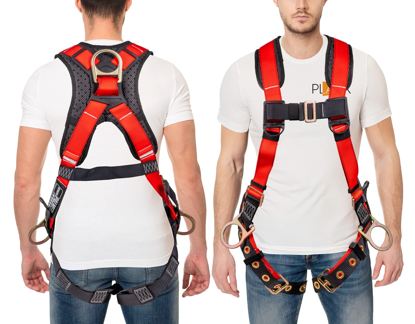 Palmer Safety ATERET Fall Protection 5pt Safety Harness, 3D-ring, Quick-Connect Buckle, Grommet Legs, Sewn in Back Pad I OSHA ANSI Compliant Personal Equipment (Red - Universal), (H222100111)