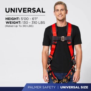 Palmer Safety ATERET Fall Protection 5pt Safety Harness, 3D-ring, Quick-Connect Buckle, Grommet Legs, Sewn in Back Pad I OSHA ANSI Compliant Personal Equipment (Red - Universal), (H222100111)