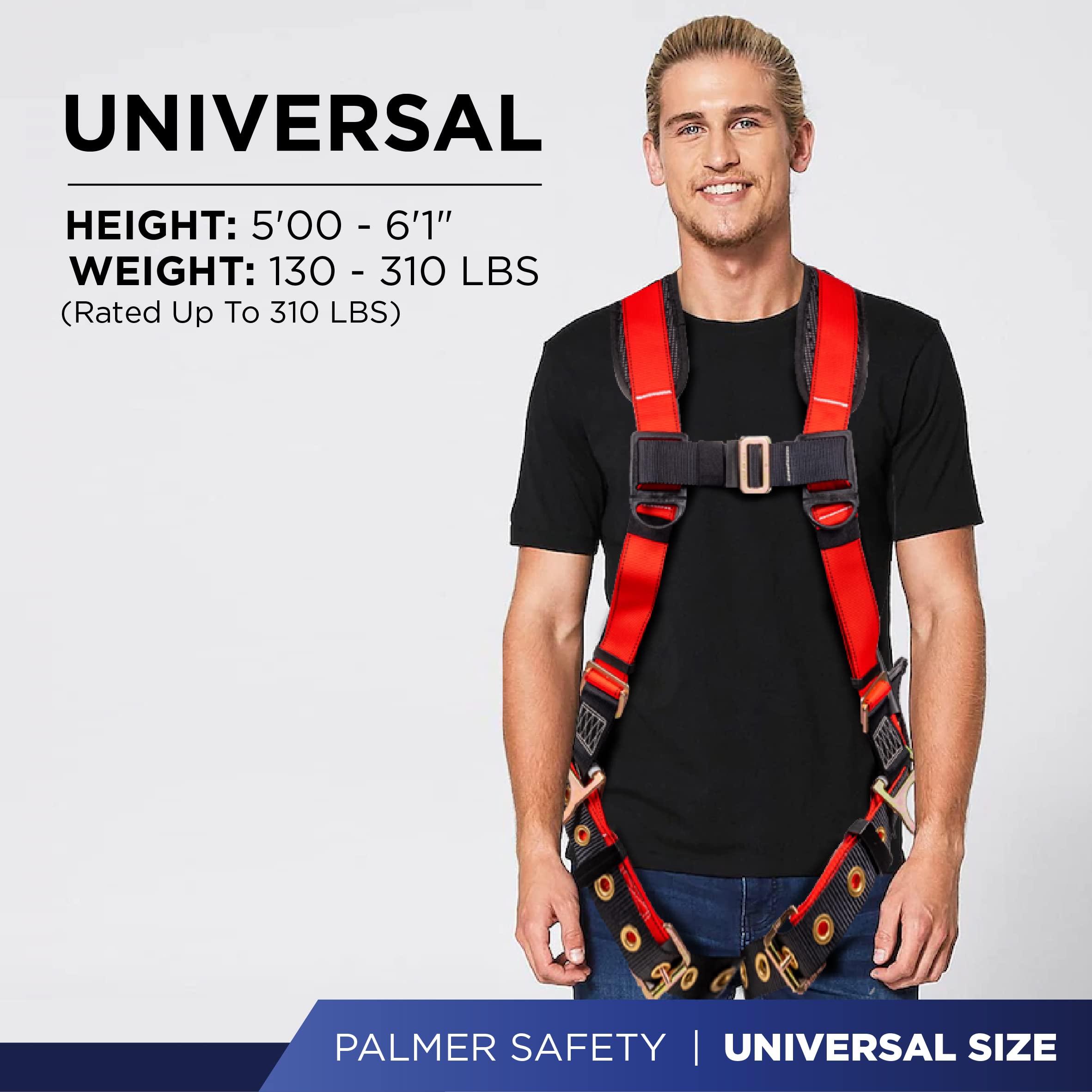 Palmer Safety ATERET Fall Protection 5pt Safety Harness, 3D-ring, Quick-Connect Buckle, Grommet Legs, Sewn in Back Pad I OSHA ANSI Compliant Personal Equipment (Red - Universal), (H222100111)