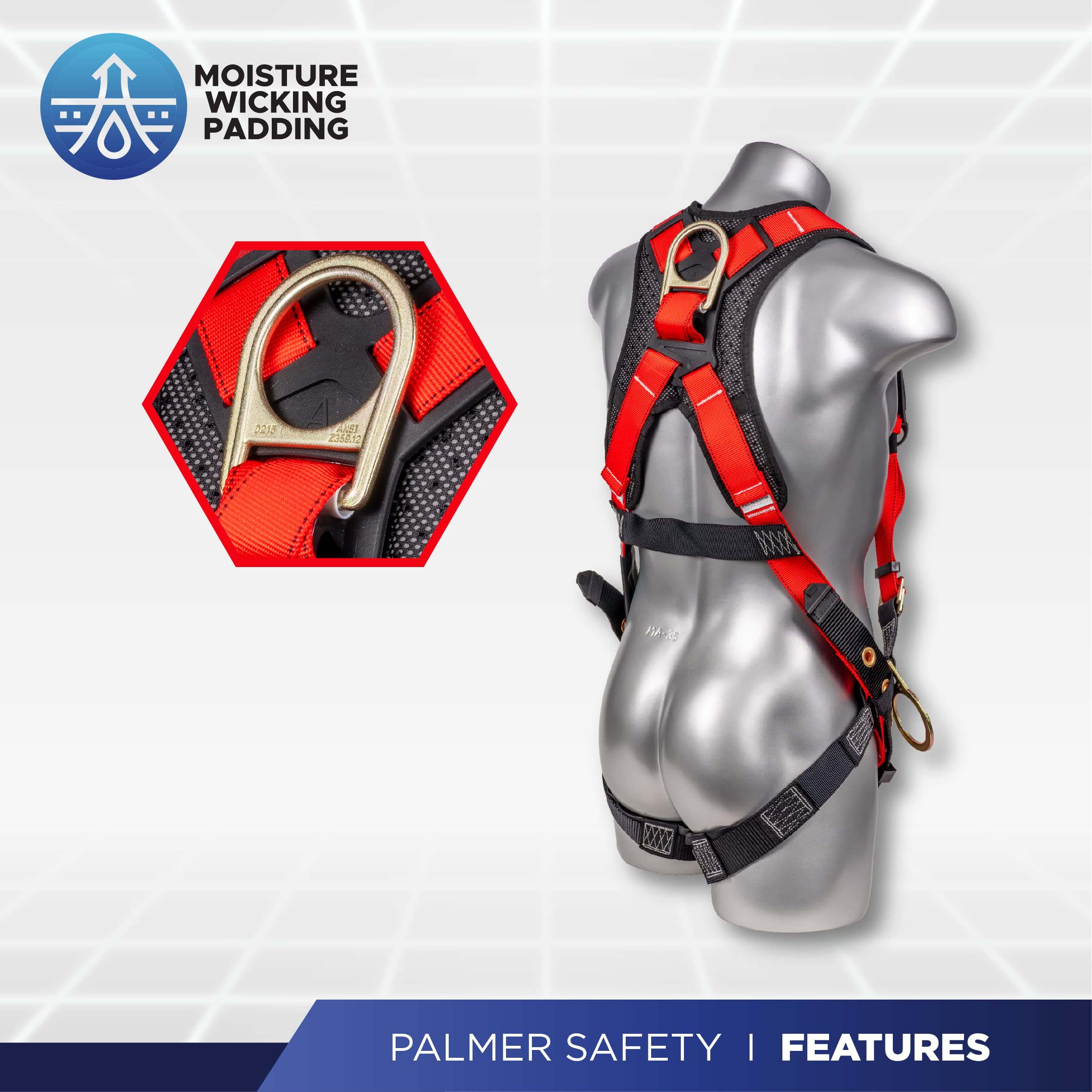 Palmer Safety ATERET Fall Protection 5pt Safety Harness, 3D-ring, Quick-Connect Buckle, Grommet Legs, Sewn in Back Pad I OSHA ANSI Compliant Personal Equipment (Red - Universal), (H222100111)