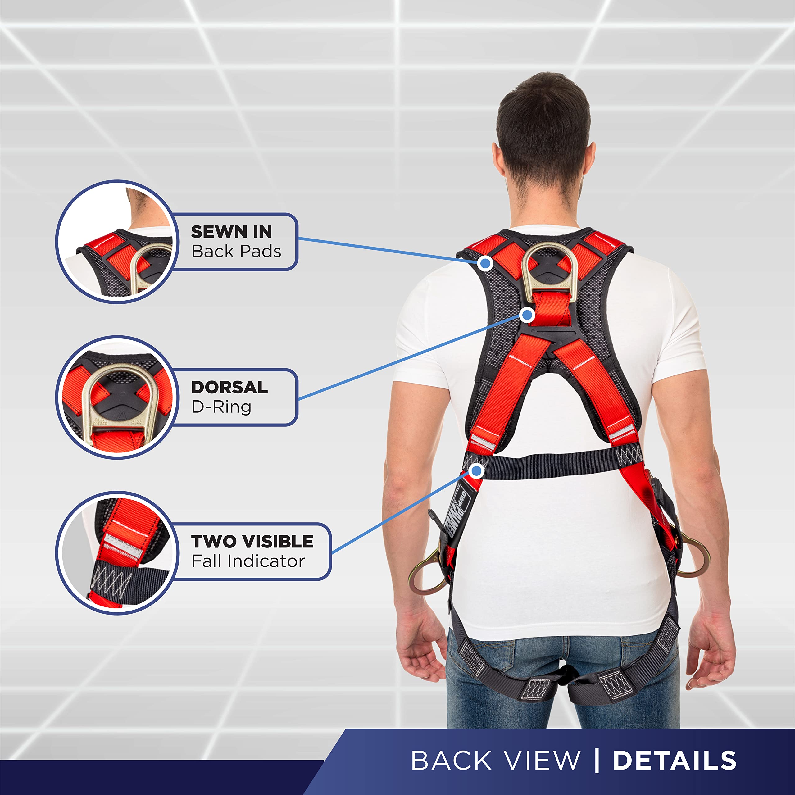 Palmer Safety ATERET Fall Protection 5pt Safety Harness, 3D-ring, Quick-Connect Buckle, Grommet Legs, Sewn in Back Pad I OSHA ANSI Compliant Personal Equipment (Red - Universal), (H222100111)