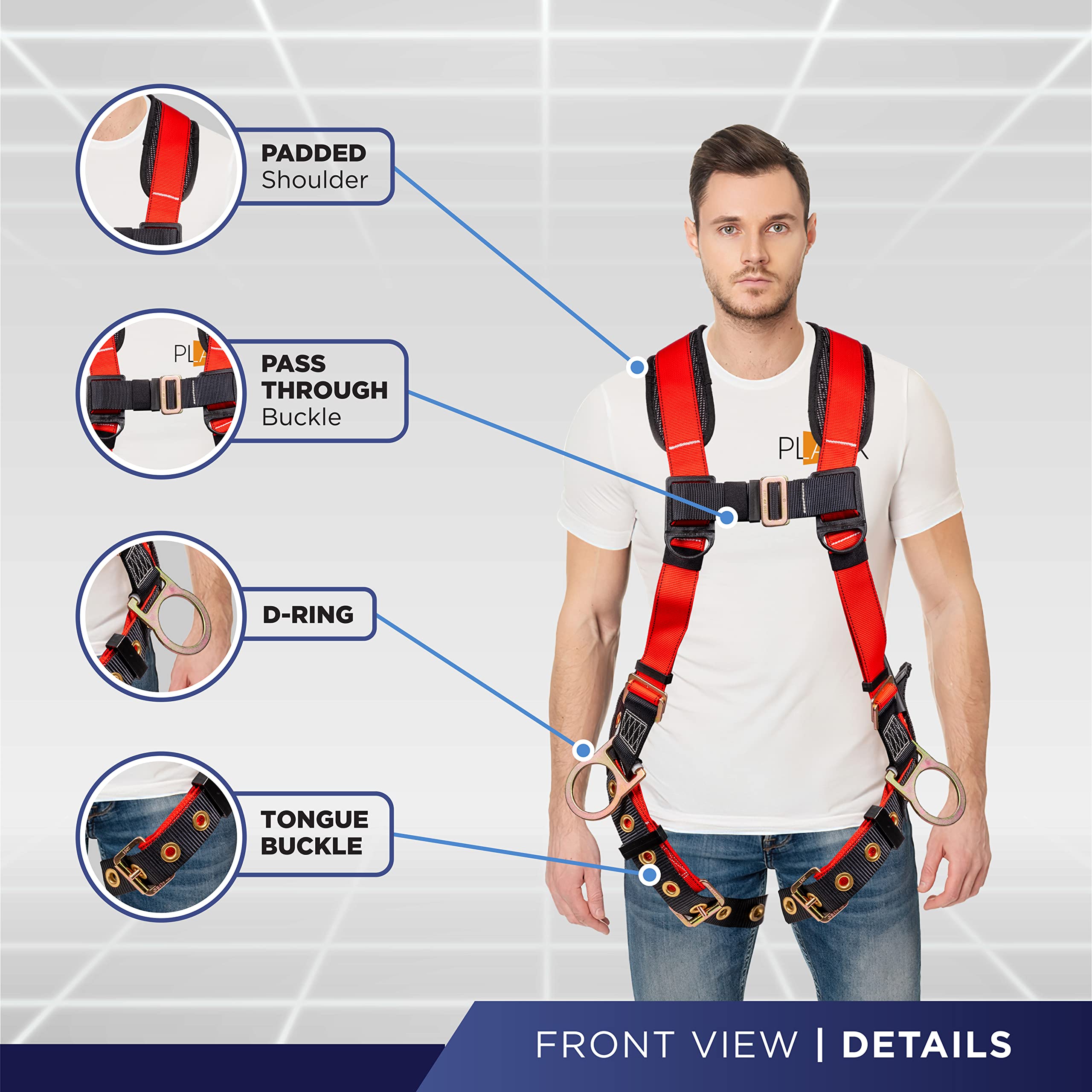 Palmer Safety ATERET Fall Protection 5pt Safety Harness, 3D-ring, Quick-Connect Buckle, Grommet Legs, Sewn in Back Pad I OSHA ANSI Compliant Personal Equipment (Red - Universal), (H222100111)