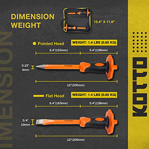 KOTTO 2 Pack Heavy Duty 12-Inch Chisels Set With Hand Protection, Point Chisel and Flat Chisel for Demolishing/Masonry/Carving/Concrete Breaker with Storage Case