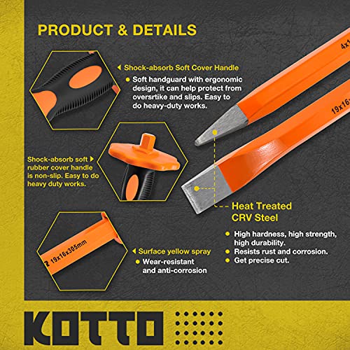 KOTTO 2 Pack Heavy Duty 12-Inch Chisels Set With Hand Protection, Point Chisel and Flat Chisel for Demolishing/Masonry/Carving/Concrete Breaker with Storage Case