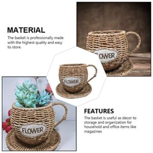 Cabilock Woven Teacup Flower Basket Rattan Woven Basket Desktop Decor Woven Flower Vase Fiddle Leaf Fig Wicker Woven Basket Dining Table Planter Water Plant Weaving Indoor Household Basket